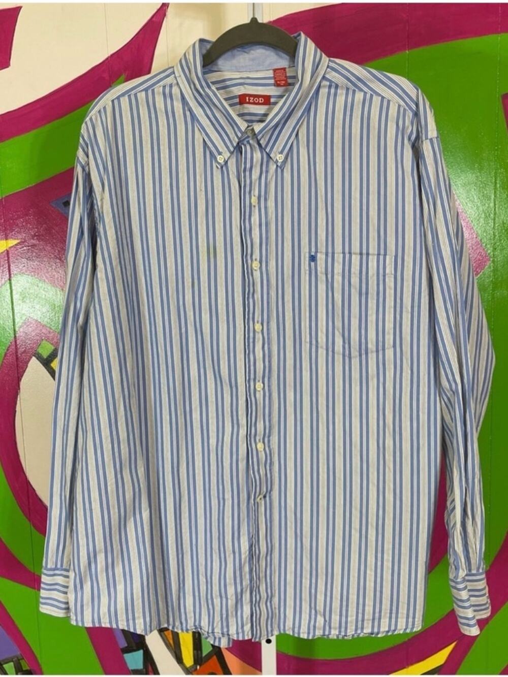 IZOD, Blue Striped Button Down Shirt. Size XL. In good used condition!
